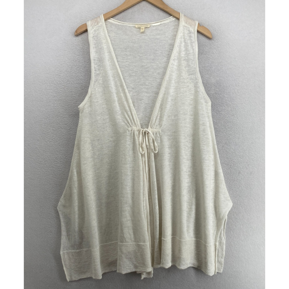 EILEEN FISHER Sweater S Organic Linen Longline Vest Tie Front Cover Up Off White